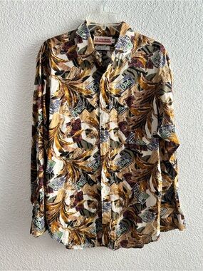 Vintage Old School Clothing Linen Blend Abstract Button Up Shirt Resort Casual